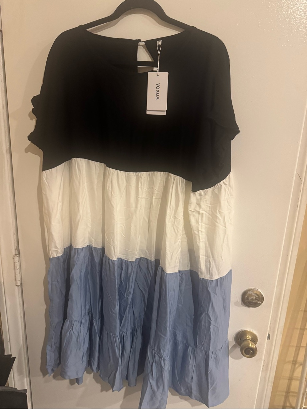 Black, White & Light Blue Tiered Maxi Dress